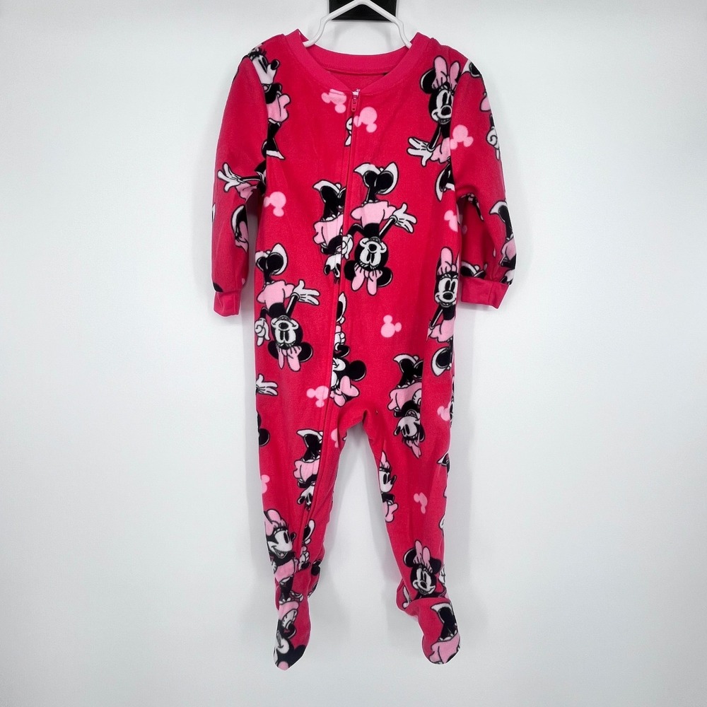 Disney Minnie Mouse Footed Pajamas Toddler Girls 2T Pink Fleece‎ One-Piece Zip